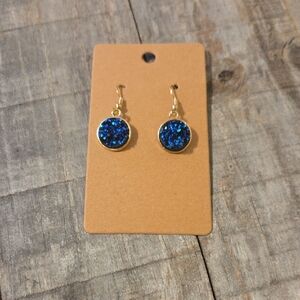 NEW Druzy Sparkly Drop Crystal Round Pendant Dangly Earrings Navy Blue & Gold